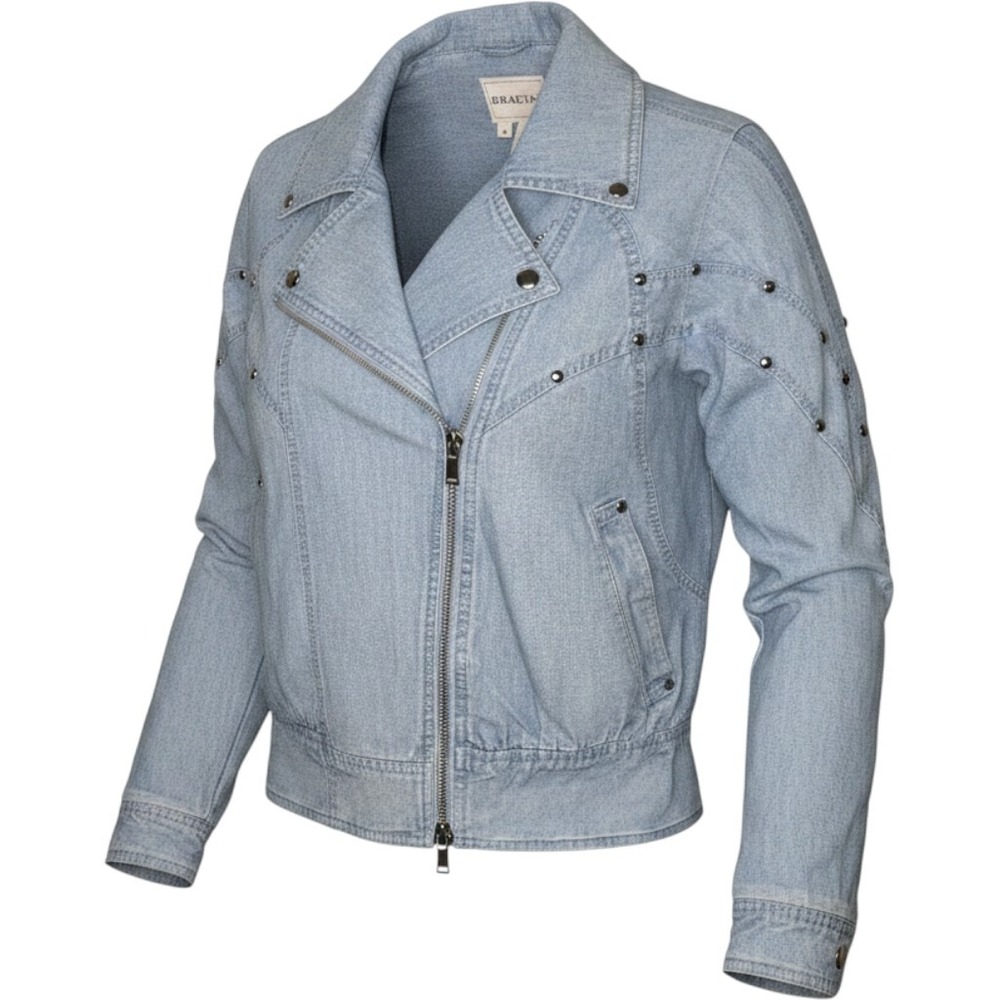 90s Braetan Light Washed Vintage Stud Denim Zip Up Jacket Women's S Retro Cotton